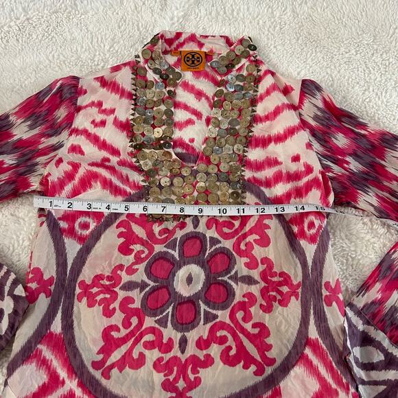 Tory Burch 100% Silk Tunic V-Neck Purple/Pink Ikat Print Sz 2 Indie Art Core Gir - Picture 4 of 9